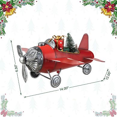 Glitzhome 14”L Airplane with Gifts Xmas Tree Table Decor, Christmas Airplane Tabletop Centerpiece