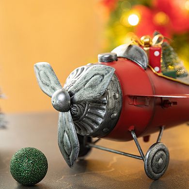 Glitzhome 14”L Airplane with Gifts Xmas Tree Table Decor, Christmas Airplane Tabletop Centerpiece