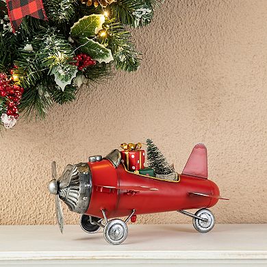 Glitzhome 14”L Airplane with Gifts Xmas Tree Table Decor, Christmas Airplane Tabletop Centerpiece
