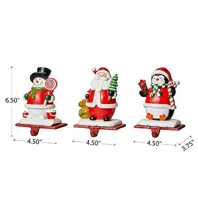 Glitzhome 3 Pcs Santa Snowman Penguin Stocking Holder, 6.5 Inch Xmas Hanging Hooks for Stocking