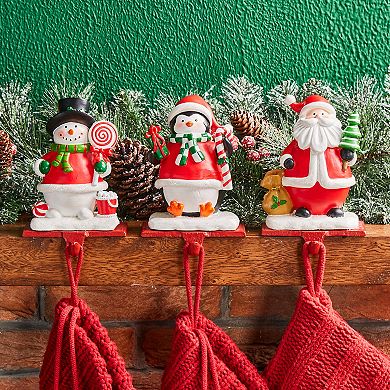 Glitzhome 3 Pcs Santa Snowman Penguin Stocking Holder, 6.5 Inch Xmas Hanging Hooks for Stocking