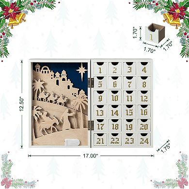 Glitzhome 17"L Wooden Advent Calendar Book with LED lighting, Christmas Countdown with 24 Drawers