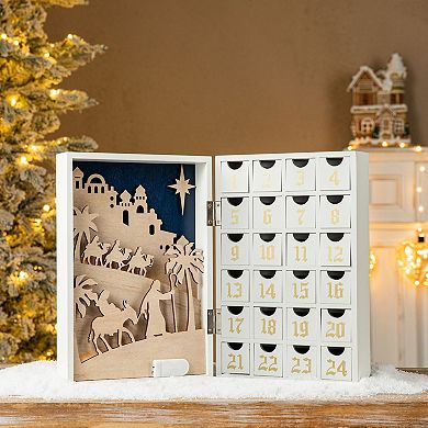 Glitzhome 17"L Wooden Advent Calendar Book with LED lighting, Christmas Countdown with 24 Drawers