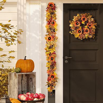 Glitzhome 6ft Fall Hanging Sunflower & Maple Leaf & Berry Harvest Garland