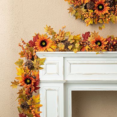 Glitzhome 6ft Fall Hanging Sunflower & Maple Leaf & Berry Harvest Garland