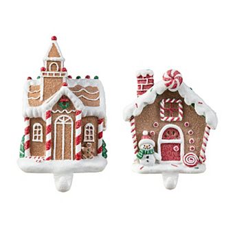 Glitzhome Christmas Stocking Holder, Set of 2 Resin Gingerbread House Hanger Hooks