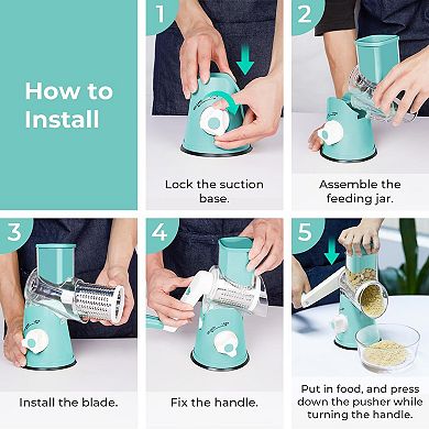 Home Rotary Cheese Grater, Manual Cheese Shredder With 3 Interchangeable Blades