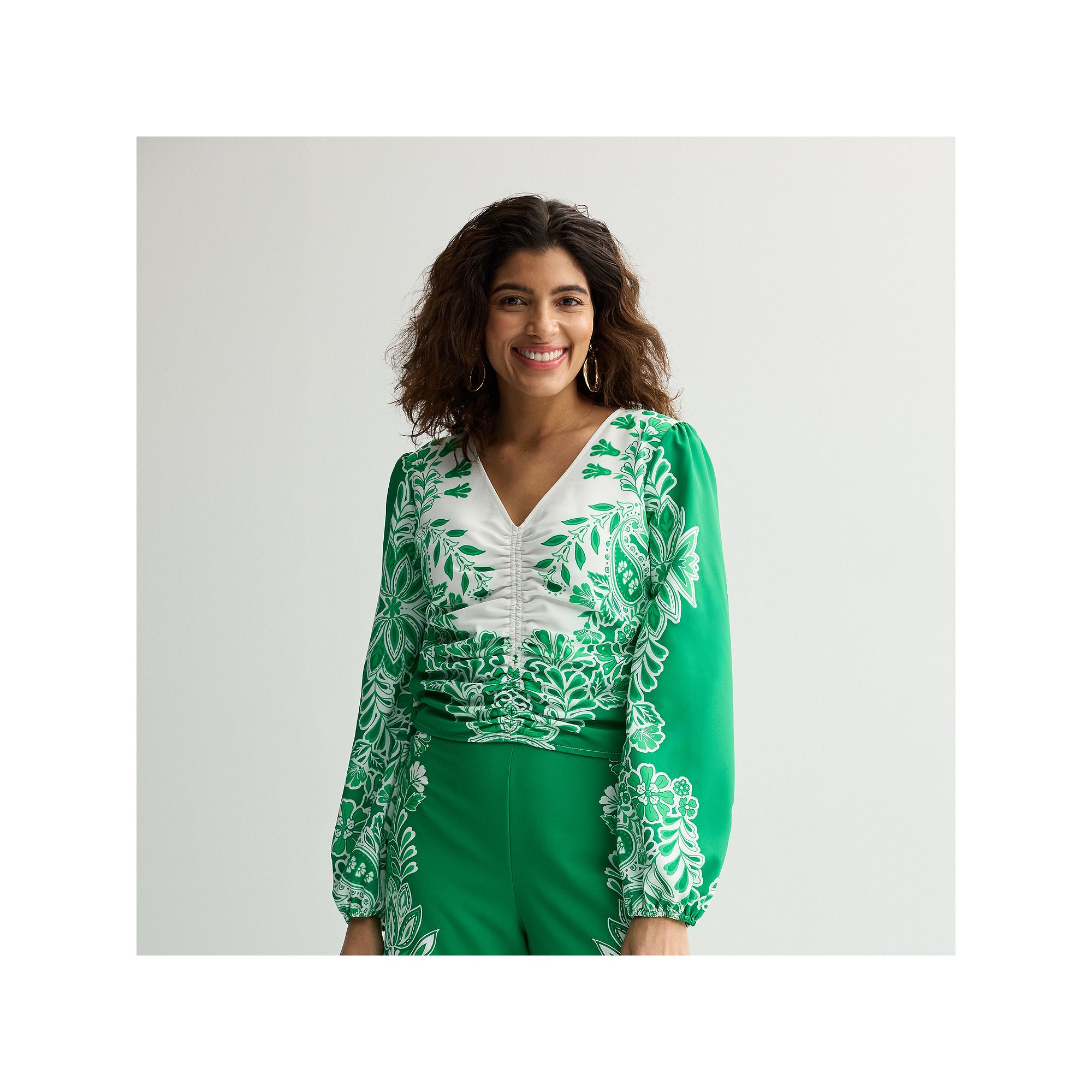 Womens INTEMPO™ Cinched Border V-Neck Top, Size: XS, Green