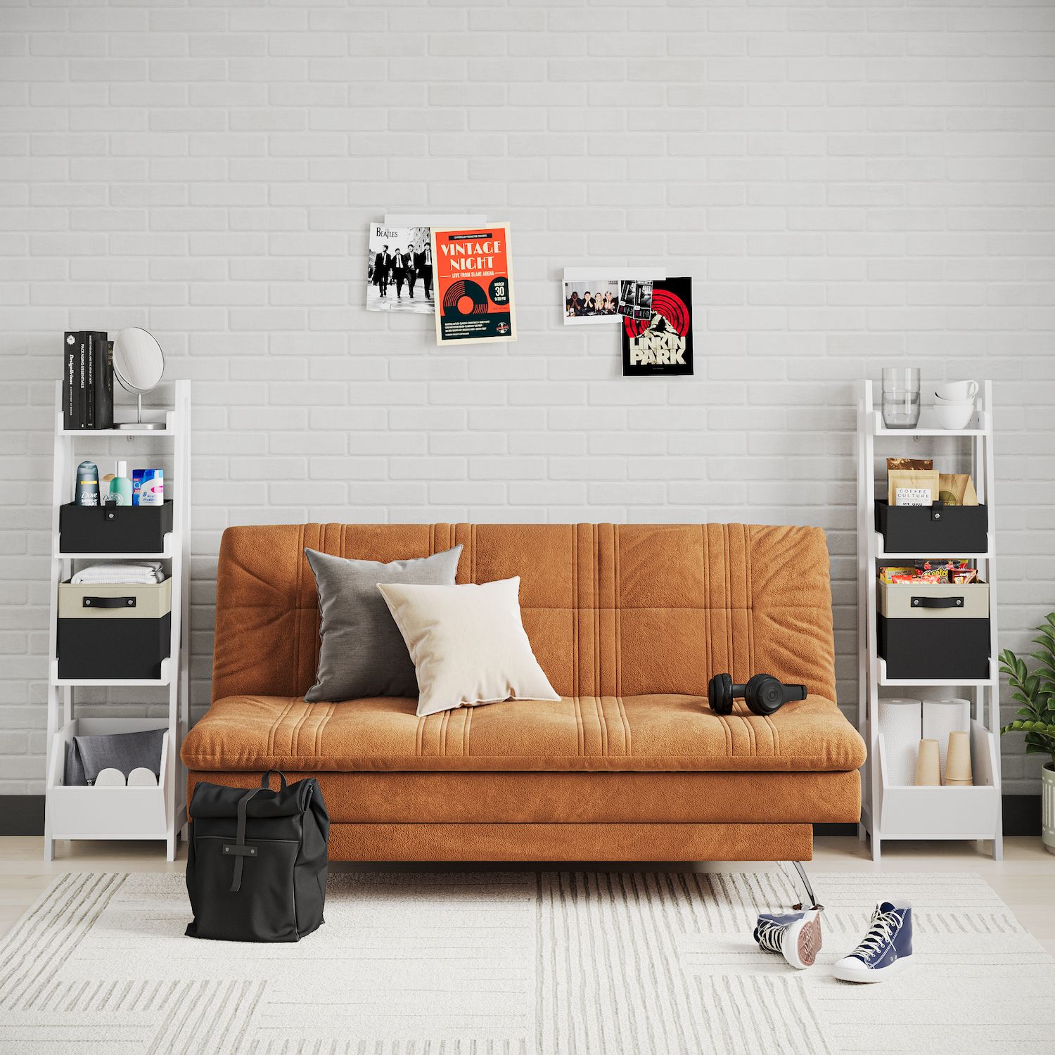 Two white ladder-style storage towers flanking a tan sofa in a living room