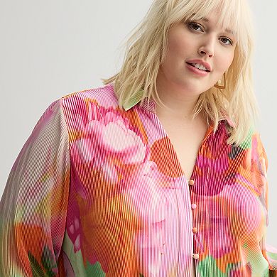 Plus Size INTEMPO™ Plisse Print Button Front Top