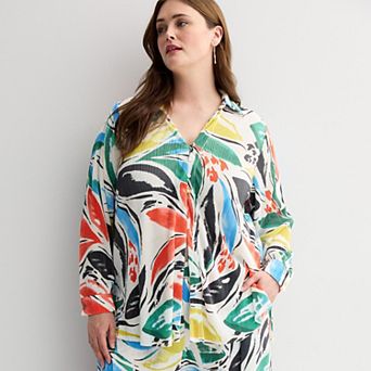 Plus Size INTEMPO™ Plisse Print Button Front Top