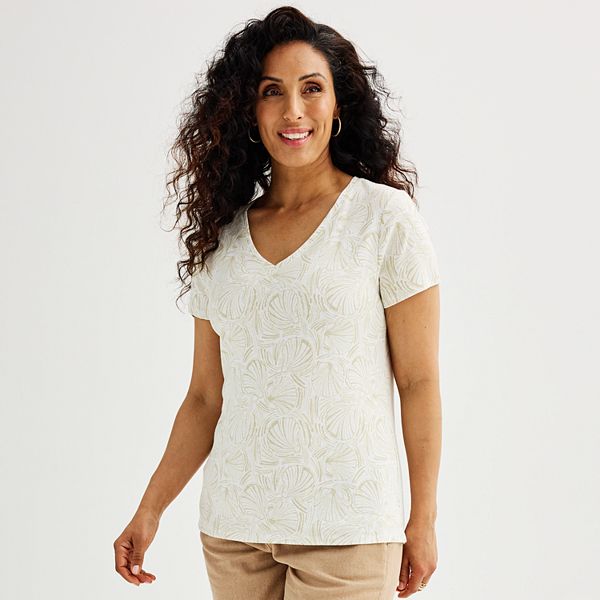 Women's Croft & Barrow® Essential V-Neck Tee - Beige Shell Print (MEDIUM)