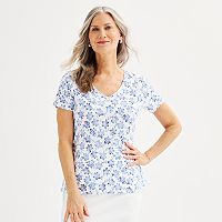 Croft & Barrow Womens Essential V-Neck Tee (Blue White Blooms)