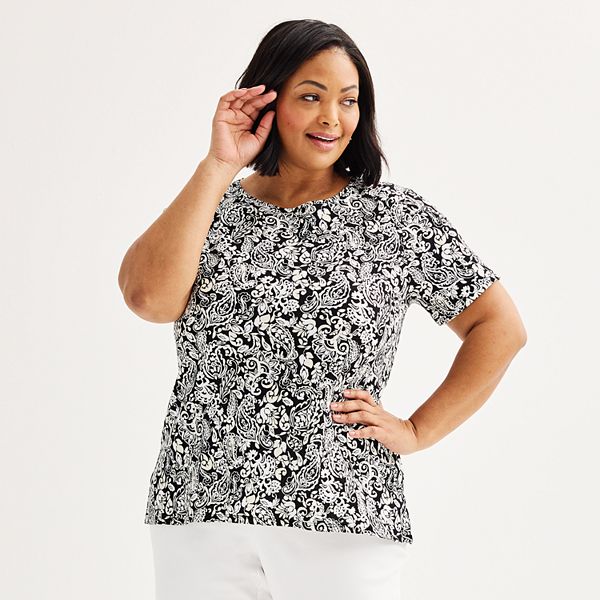 Plus Size Croft & Barrow® Essential Crewneck Tee - Black Retro Paisley (0X)