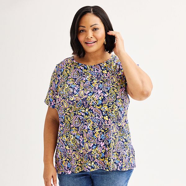 Plus Size Croft & Barrow® Essential Crewneck Tee - Gold Multi Paisley (0X)