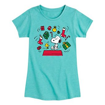 Girls 7-16 Peanuts Snoopy and Woodstock Christmas Presents Overload Graphic Tee