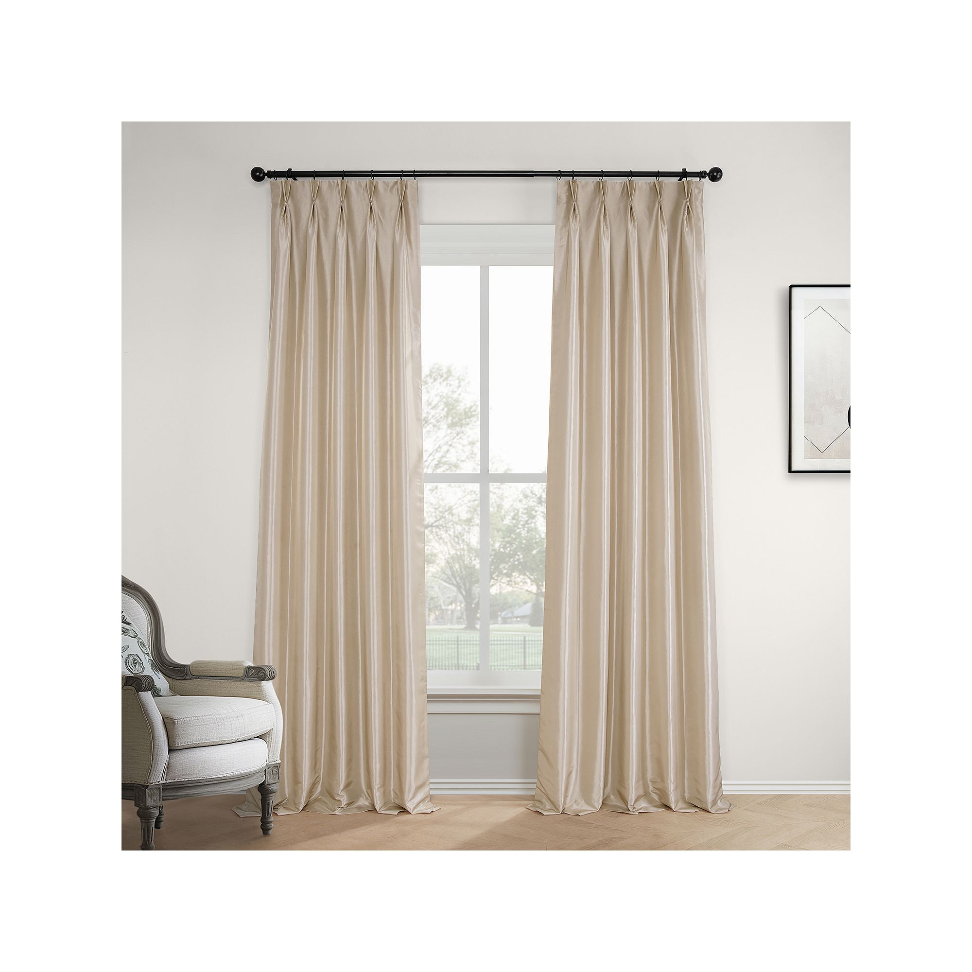 EFF 1-Panel Faux Silk Taffeta Pleated Blackout Curtain, Antique Beige