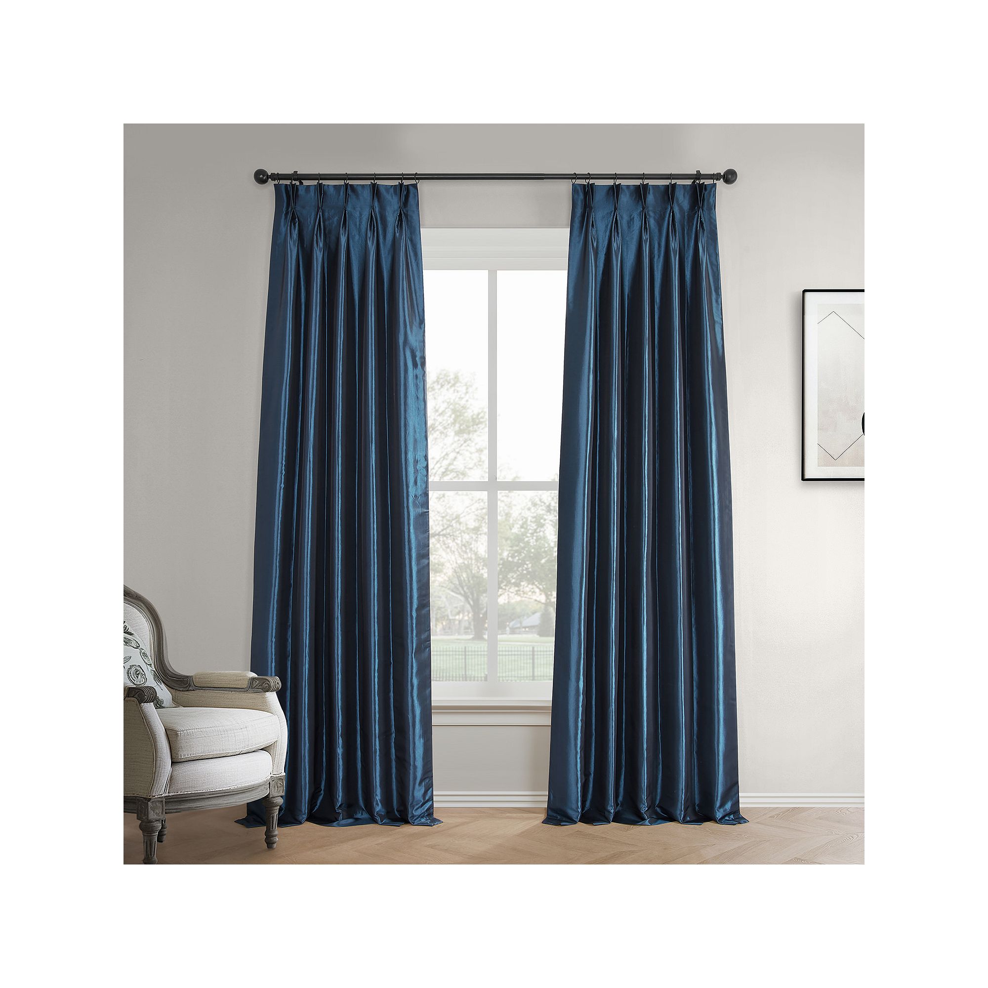 EFF 1-Panel Faux Silk Taffeta Pleated Blackout Curtain, Navy Blue