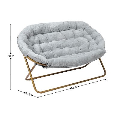 Emma And Oliver Double Folding Faux Fur Saucer Chair With 2 Ottomans