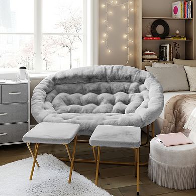 Emma And Oliver Double Folding Faux Fur Saucer Chair With 2 Ottomans