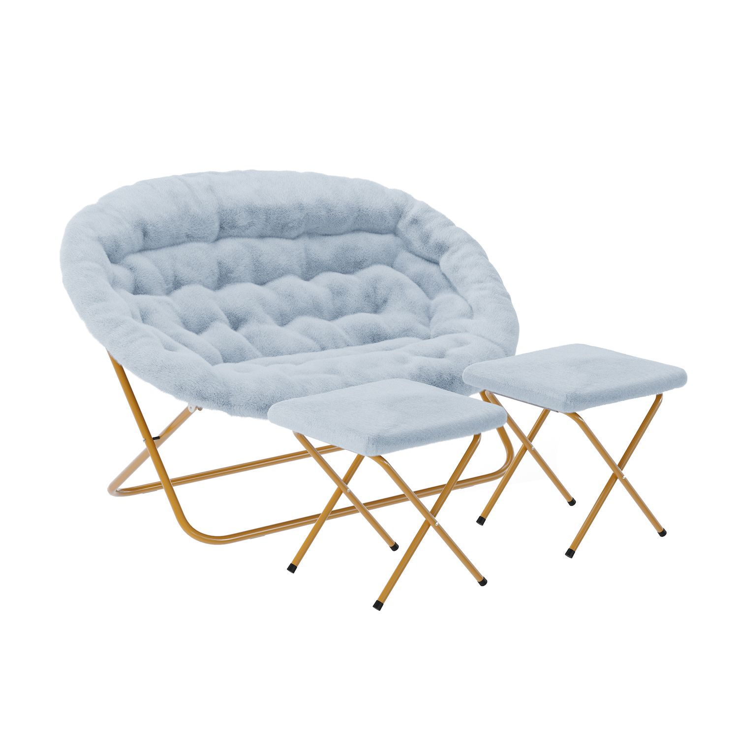 Emma And Oliver Double Folding Faux Fur Saucer Chair With 2 Ottomans