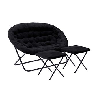 Emma And Oliver Double Folding Faux Fur Saucer Chair With 2 Ottomans
