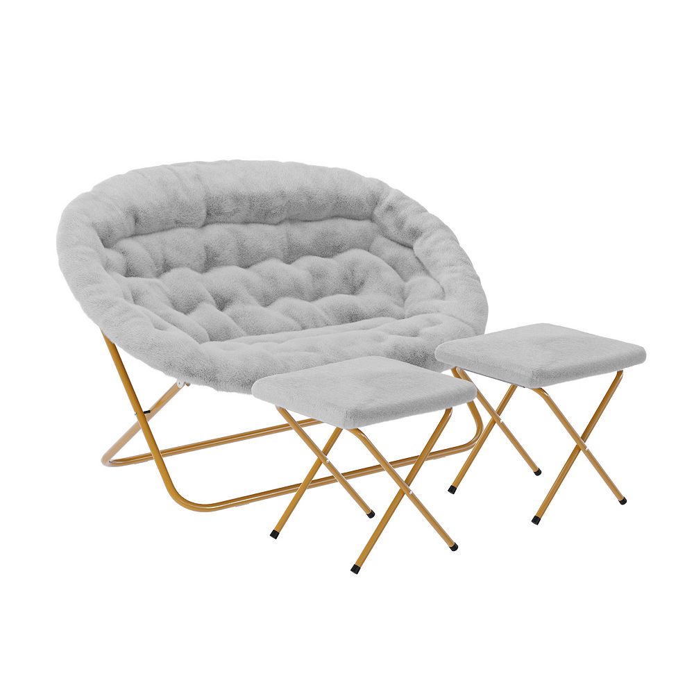 Emma And Oliver Double Folding Faux Fur Saucer Chair With 2 Ottomans