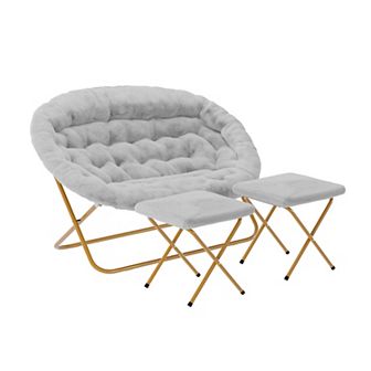 Emma And Oliver Double Folding Faux Fur Saucer Chair With 2 Ottomans