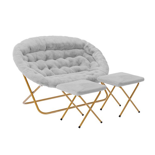 Emma And Oliver Double Folding Faux Fur Saucer Chair With 2 Ottomans