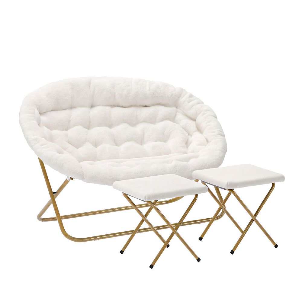 Emma And Oliver Double Folding Faux Fur Saucer Chair With 2 Ottomans