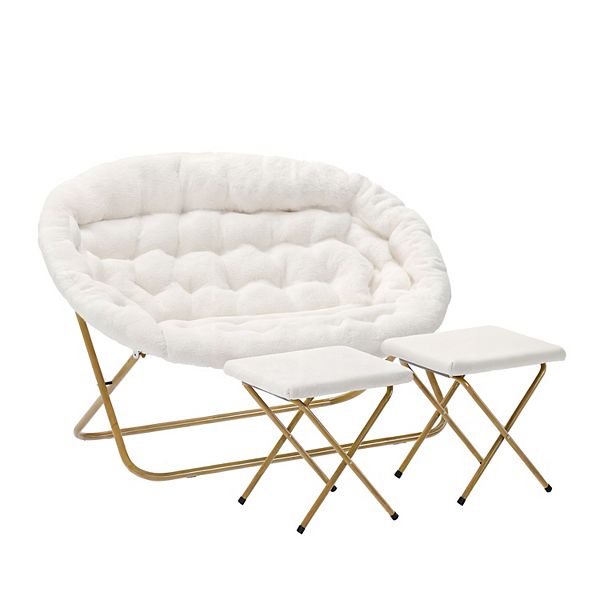 Emma And Oliver Double Folding Faux Fur Saucer Chair With 2 Ottomans