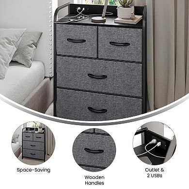Emma And Oliver Charging Nightstand With 4 Fabric Drawers, 2 Usb Ports, 1 Outlet