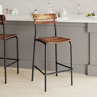 Emma And Oliver Bar Stool With Antique Solid Wood Seat And Back/metal Frame