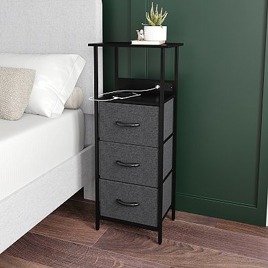 Emma And Oliver Charging Nightstand With 3 Fabric Drawers, 2 Usb Ports, 1 Outlet