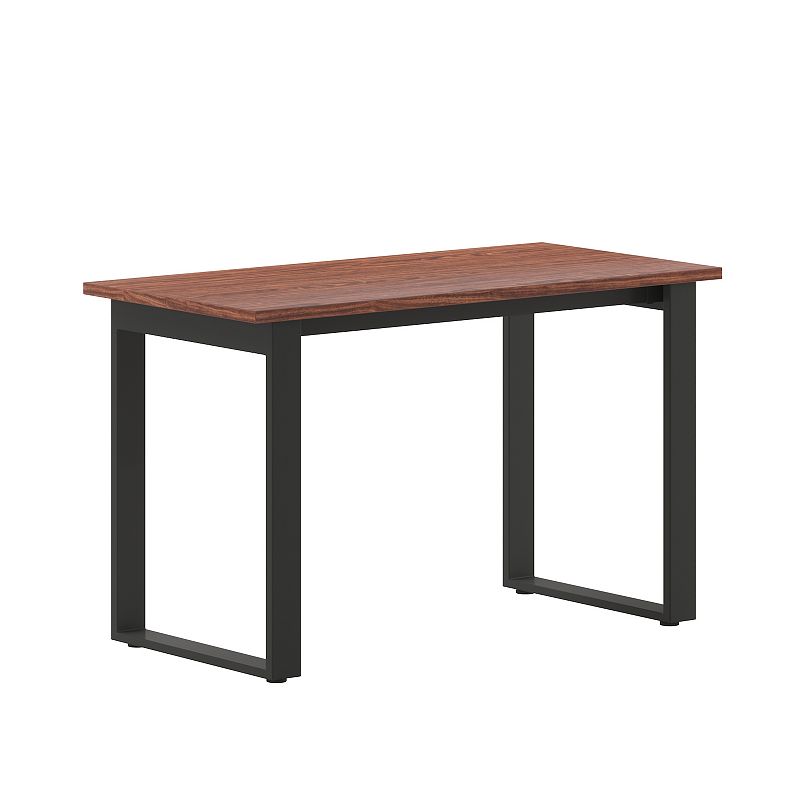 Conference table with dark U-frame legs and wood-toned rectangular top