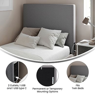 Merrick Lane Upholstered Charging Headboard With 2 Outlets, Usb Port, Usb-c Port