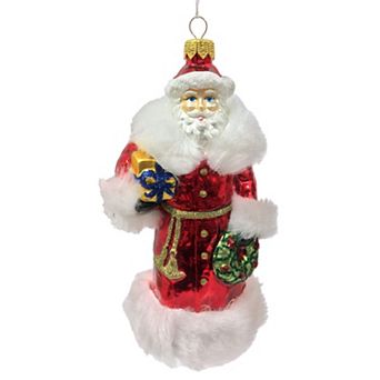 Pinnacle Peak Trading Santa Claus With Red Fur Coat And Presents Polish Glass Christmas Ornament