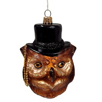 Pinnacle Peak Trading Owl Wearing Monocle & Top Hat Polish Glass Christmas Ornament