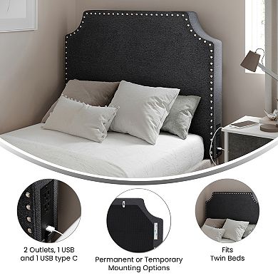 Merrick Lane Contoured Charging Headboard With 2 Outlets, Usb Port, Usb-c Port
