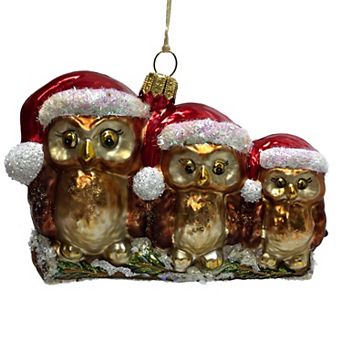 Pinnacle Peak Trading Three Owls Wearing Santa Hats On Branch Polish Glass Christmas Ornament