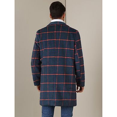 Plaid Trench Coat For Men's Color Block Single Breasted Formal Winter Checked Overcoat