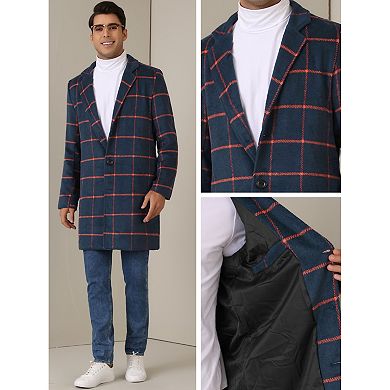 Plaid Trench Coat For Men's Color Block Single Breasted Formal Winter Checked Overcoat