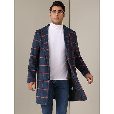 Plaid Trench Coat For Men's Color Block Single Breasted Formal Winter Checked Overcoat