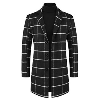 Plaid Trench Coat For Men's Color Block Single Breasted Formal Winter Checked Overcoat