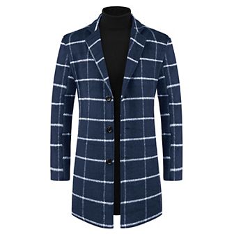 Plaid Trench Coat For Men's Color Block Single Breasted Formal Winter Checked Overcoat