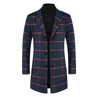 Plaid Trench Coat For Men's Color Block Single Breasted Formal Winter Checked Overcoat