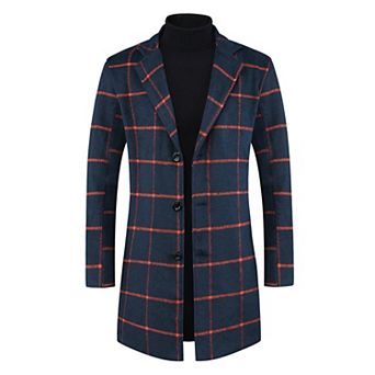Plaid Trench Coat For Men's Color Block Single Breasted Formal Winter Checked Overcoat