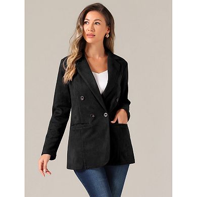 Faux Suede Blazer For Women's Dressy Lapel Collar Double Breasted Suit Jacket