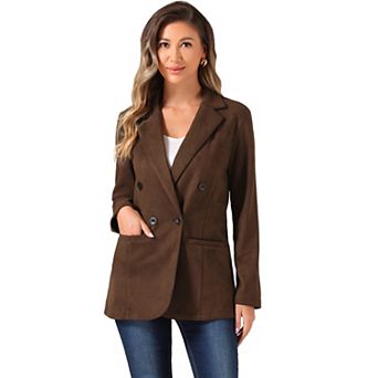Faux Suede Blazer For Women's Dressy Lapel Collar Double Breasted Suit Jacket