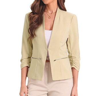3/4 Sleeved Open Front Blazer For Women Suit Jacket Work Office Casual Blazers With Zipper Pockets